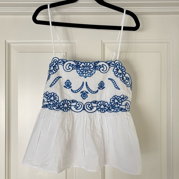 H&M Tops - White and Blue Embroidered Women's Tank Top